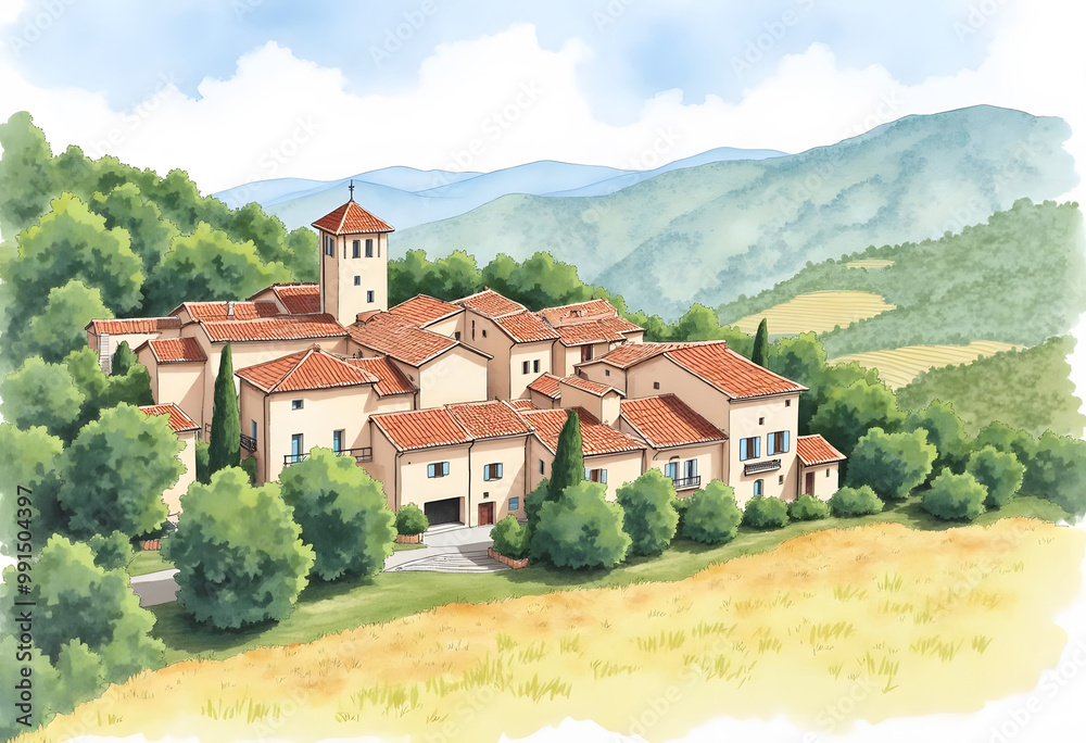 Fototapeta premium hand drawn watercolor painting of beautiful medieval village. landscape painting with buildings, house, brick wall,roof,farm land, hill, trees, lavender fields and bright blue sky for print, etc
