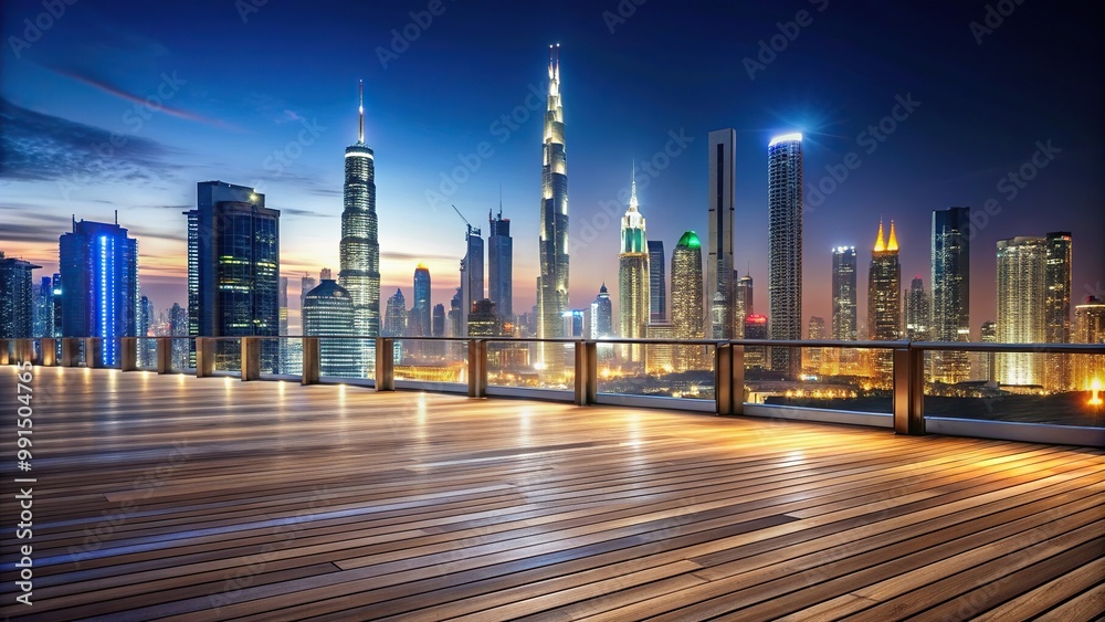Obraz premium Wooden terrace with breathtaking view of illuminated Dubai skyline at night, panoramic, night scene, asymmetrical, architecture, city lights, Dubai, vacation, breathtaking view, landmark