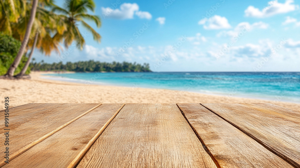 A serene beach view with wooden table in foreground, inviting relaxation