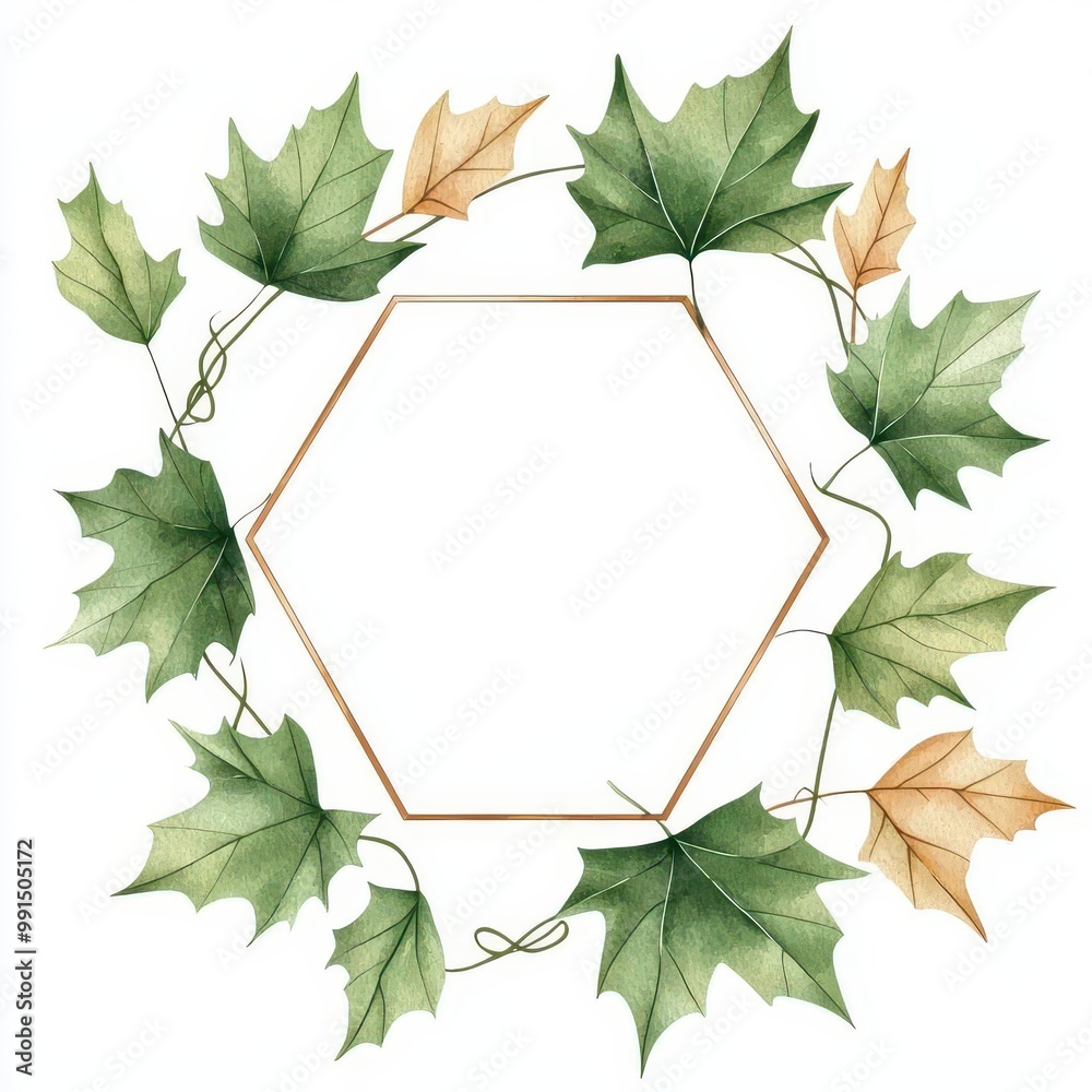 Naklejka premium Hexagonal frame with green and yellow leaves on a white background