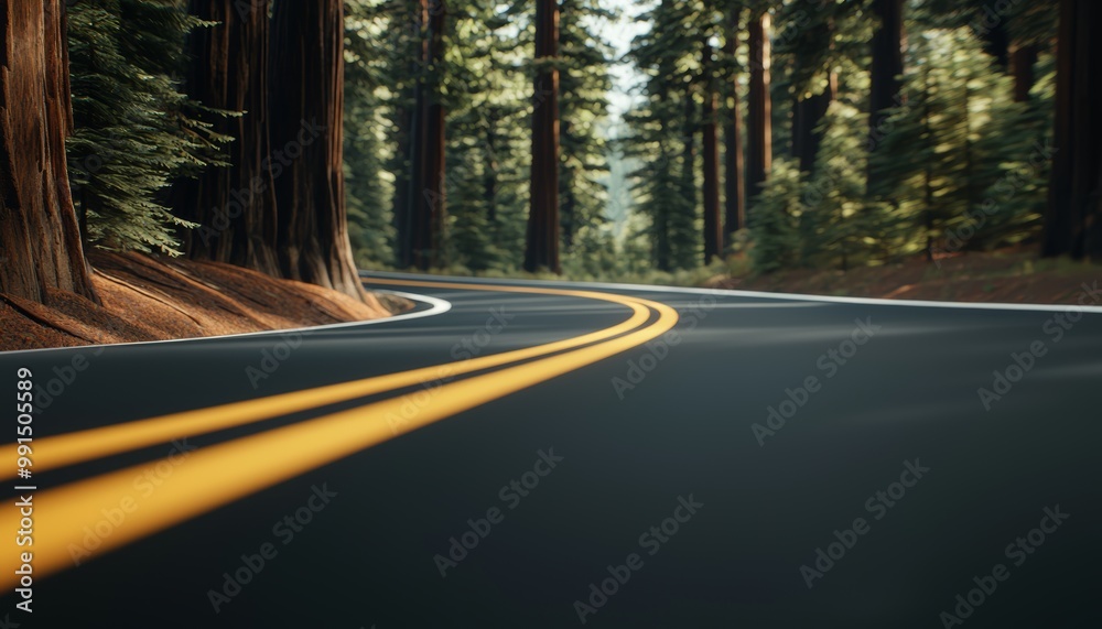 Obraz premium Highway winding through towering redwoods, ultra-realistic 8K detail, sharp focus, giant trees loom above, creating a peaceful and majestic forest scene, vibrant and perfectly rendered