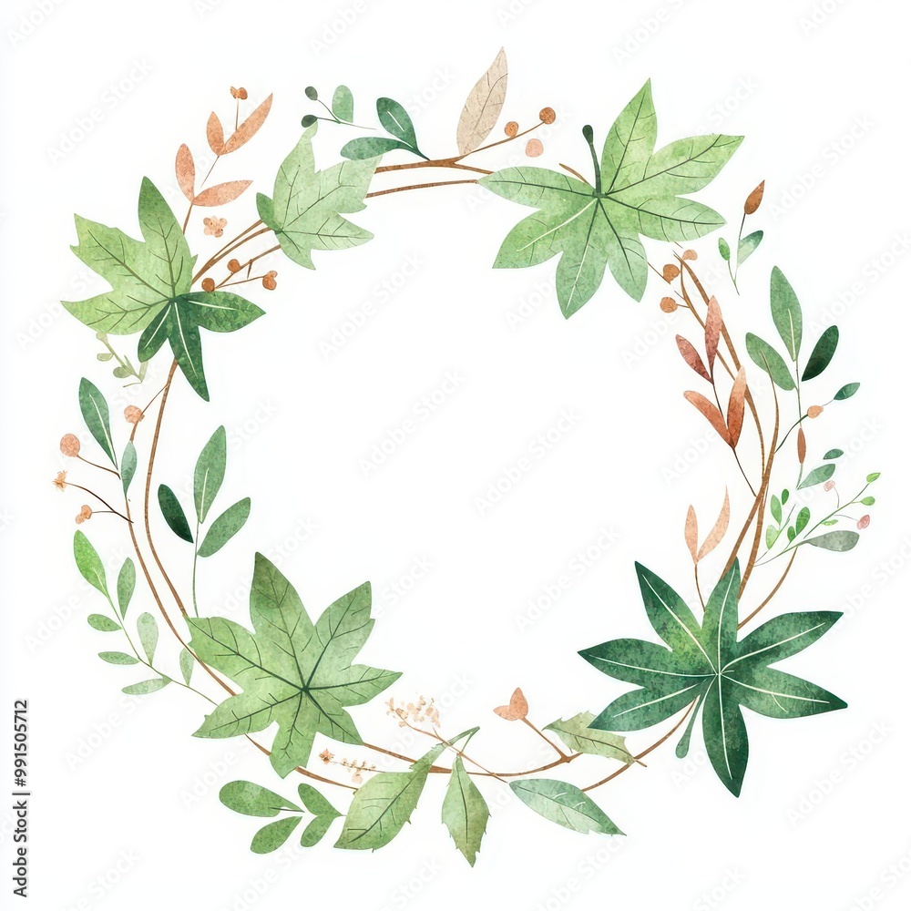 Naklejka premium Watercolor leaf wreath with green and brown foliage, white isolated background.