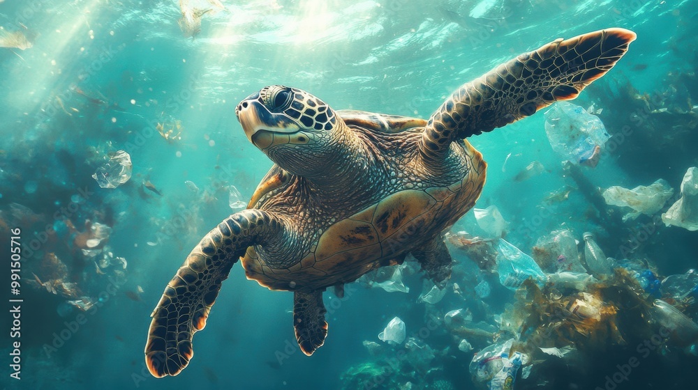 Obraz premium Sea turtle swimming through ocean submerged in debris and plastic waste.