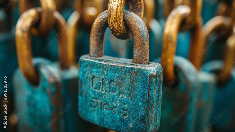 A Close Up of a Blue Padlock with a Golden Chain A Close Up of a Blue Padlock with a Golden Chain