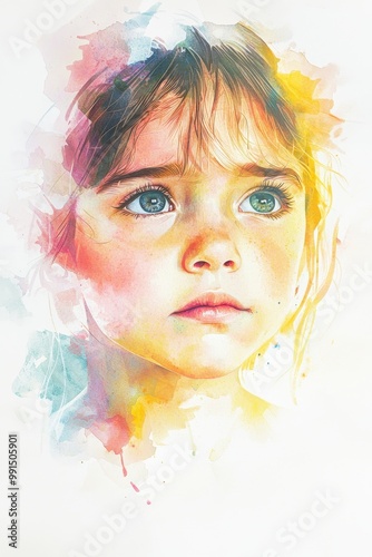 A soft watercolor illustration of a young girl with large expressive eyes, gazing upward, in vibrant pastel tones.