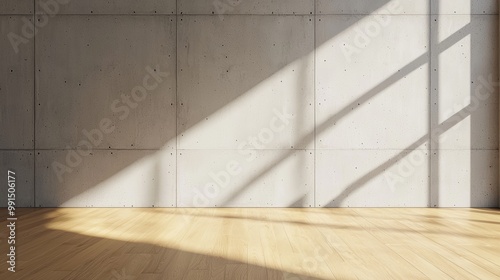 Minimalist room with wooden floor and concrete walls, sunlight streaming through window, soft shadows, ultra-realistic detail, 8K, serene and modern interior