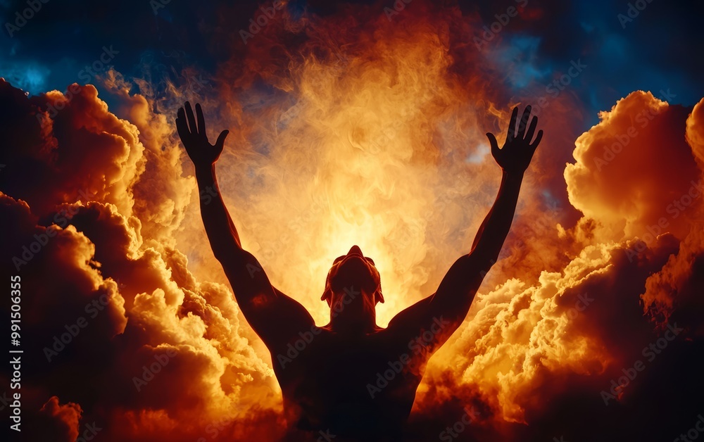 Mystical figure illuminated by radiant light, arms raised in powerful gesture, vivid colors, detailed clouds, spiritual theme, 8K resolution, cinematic and dramatic effect, holy atmosphere