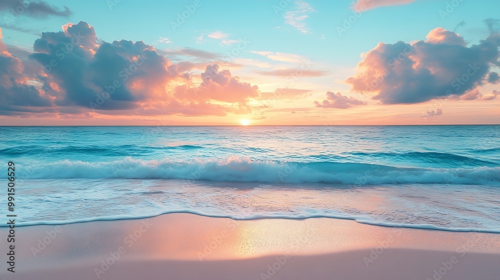 Obraz premium Sea sand sky concept sunset colors clouds horizon horizontal background banner Inspirational nature landscape beautiful colors wonderful scenery of tropical beach Beach sunset summer v : Generative AI