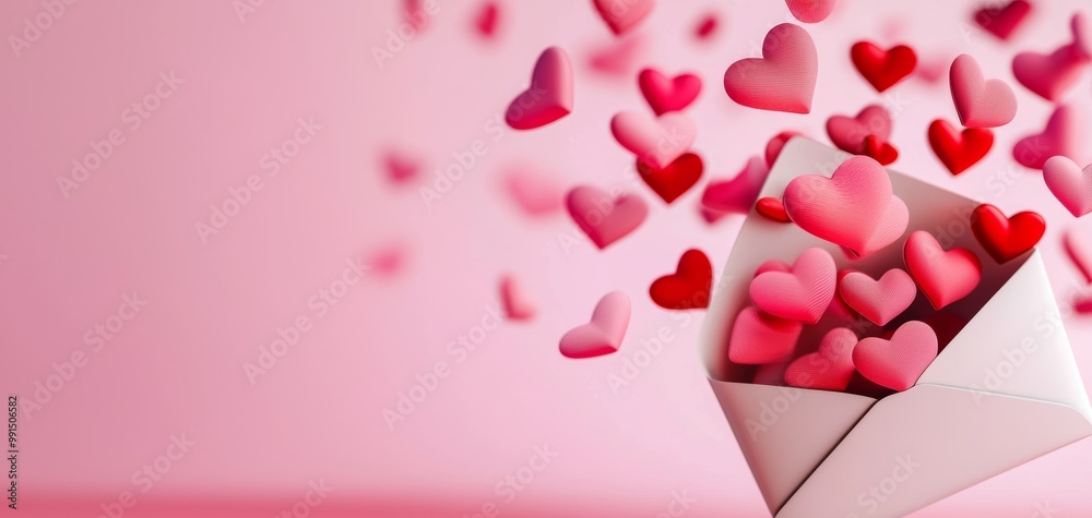 Paper hearts flying out of an envelope, pink gradient background, 3D illustration
