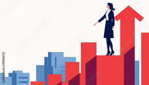 A successful entrepreneur standing in the corporate world, her gaze upward, representing the climb toward success.