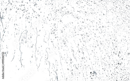 Raindrops on wet glass against a white background. Ideal for backgrounds, nature themes, and weather-related projects. High resolution and minimalist design.