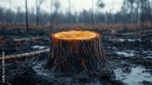 Cut tree stump surrounded by charred earth, symbolizing deforestation and destruction.