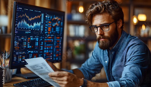 A Businessman is Looking at Financial Data on a Computer 