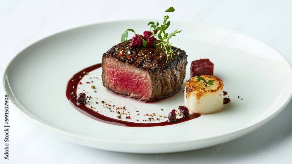 A gourmet steak dish beautifully arranged on a white plate, with artistic garnishes and a splash of sauce, showcasing culinary elegance against a plain background. A gourmet steak dish beautifully arranged on a white plate, with artistic garnishes and a splash of sauce, showcasing culinary elegance against a plain background.