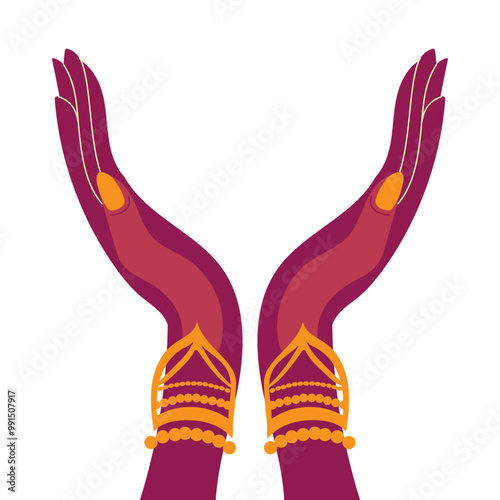 Two hands in a pink and gold color, with one hand being larger than the other. The hands are open and appear to be holding something, possibly a bracelet or a ring. Scene is elegant and sophisticated