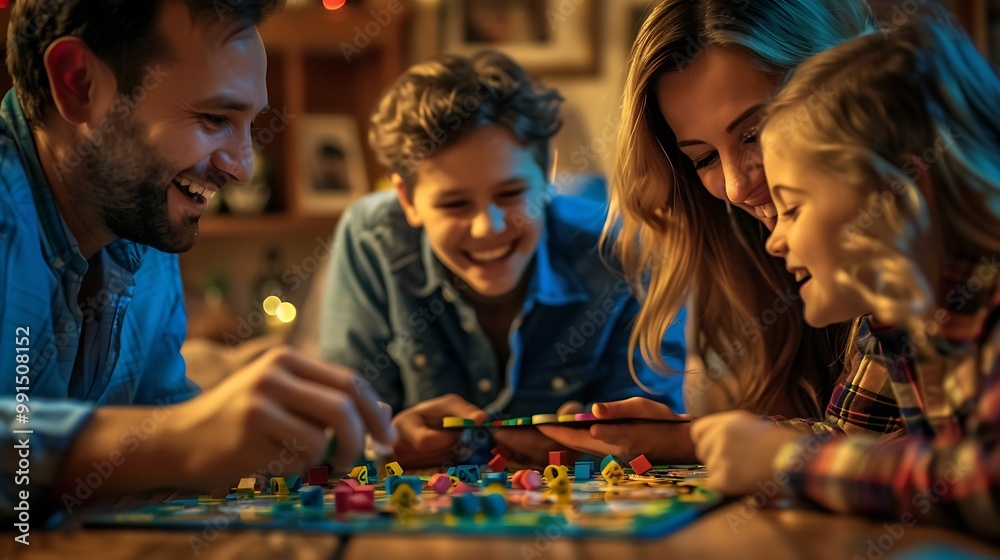 Fototapeta premium A joyful family playing a board game together, sharing smiles and laughter in a cozy setting.