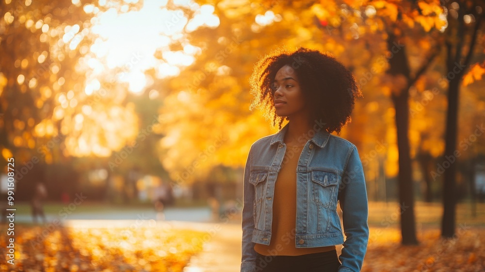 A young woman walks thoughtfully through a park adorned with bright autumn foliage. The warm sunlight casts a golden glow, enhancing the beauty of the seasonal scenery around her. A young woman walks thoughtfully through a park adorned with bright autumn foliage. The warm sunlight casts a golden glow, enhancing the beauty of the seasonal scenery around her.