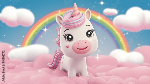 Cute Cartoon Unicorn with Rnbow and Clouds photo