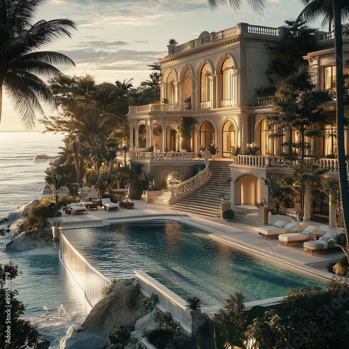 A luxurious tropical resort setting, blending exquisite architectural design with natural beauty. An infinity pool stretches towards the ocean, flanked by lush tropical greenery.