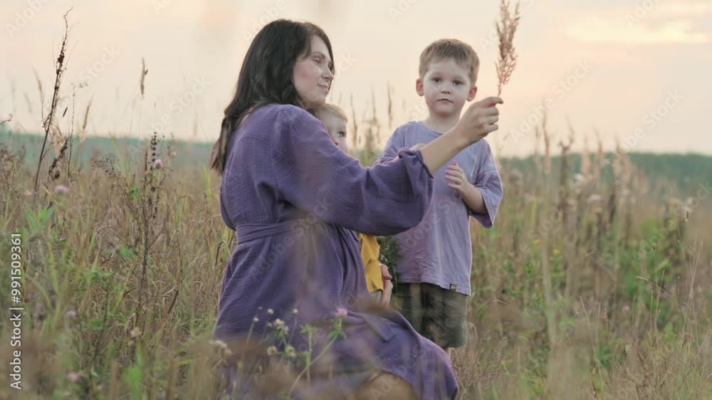 happy family, pregnant mother and children on a walk in the summer playing outside in a field. High quality FullHD footage happy family, pregnant mother and children on a walk in the summer playing outside in a field. High quality FullHD footage