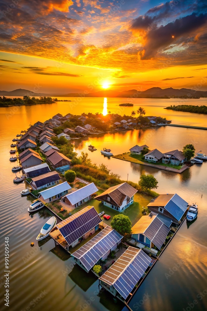 Fototapeta premium Floating houses, houseboats, water, solar panels, sustainable living, waterfront, homes, houses, lake, river, eco-friendly, architecture, nature, dwelling, living