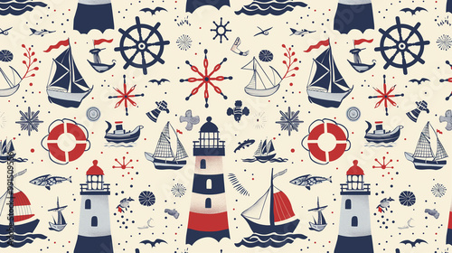 Seamless pattern with colorful marine symbols depicting lighthouses and ships photo