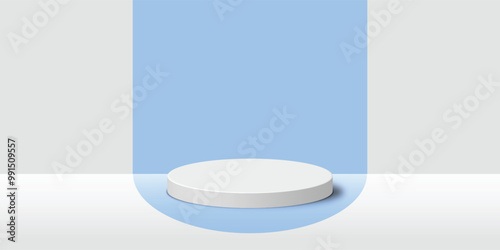 3D white product podium with blue color in round backdrop. Abstract geometric composition in minimal design. Studio showroom product pedestal, Product stage showcase mockup scene.