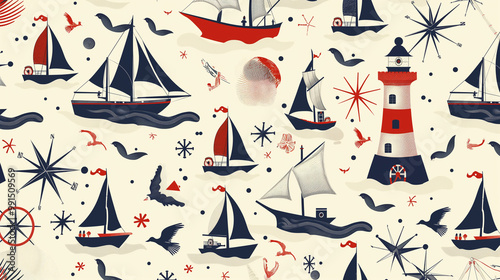 Seamless pattern with colorful marine symbols depicting lighthouses and ships