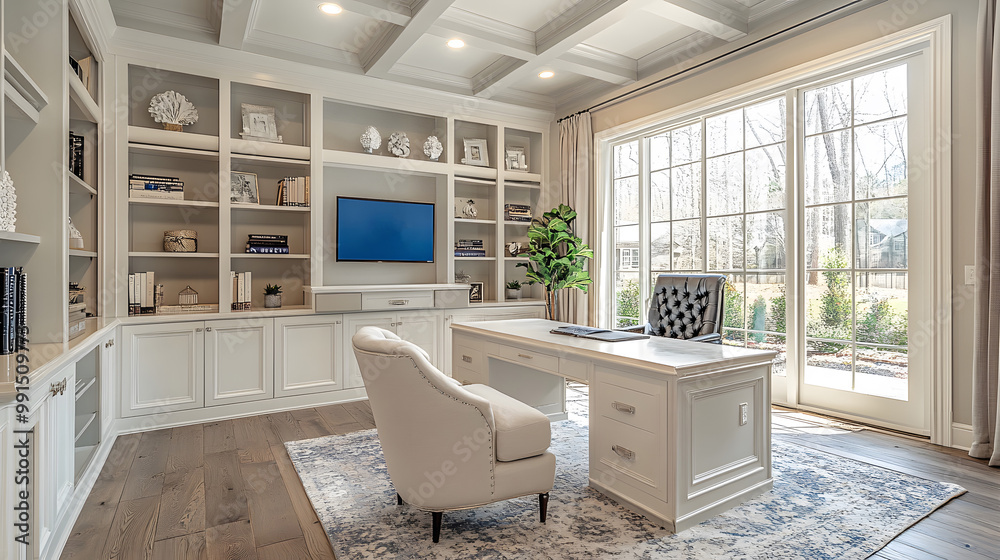Elegant home office with built-in shelving and modern decor Elegant home office with built-in shelving and modern decor