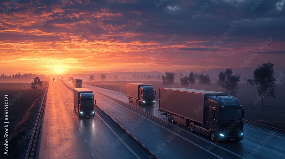 Trucks driving on a highway during a vibrant sunset. Trucks driving on a highway during a vibrant sunset.