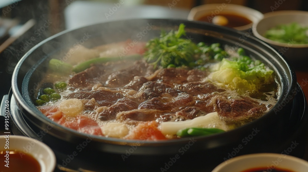 Close-up of a Shabu-Shabu hot pot with beef and vegetables cooking, with bowls of dipping sauces and garnishes on the side. Close-up of a Shabu-Shabu hot pot with beef and vegetables cooking, with bowls of dipping sauces and garnishes on the side.