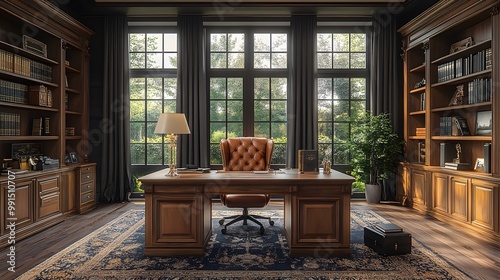 High-end home office with a luxurious desk and leather chair