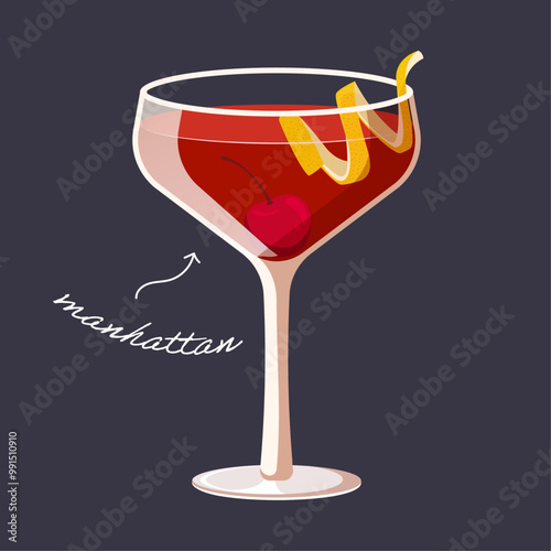 Manhattan cocktail isolated on black background. Vector illustration of classical alcohol drink garnished with cherry and lemon peel