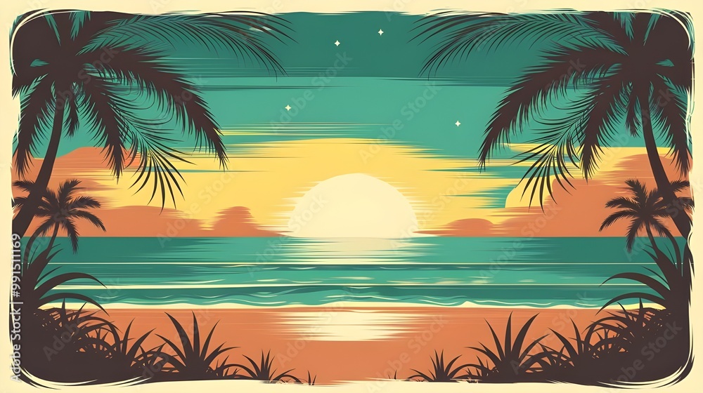 Obraz premium Tropical Sunset Beach Landscape with Palm Trees and Ocean