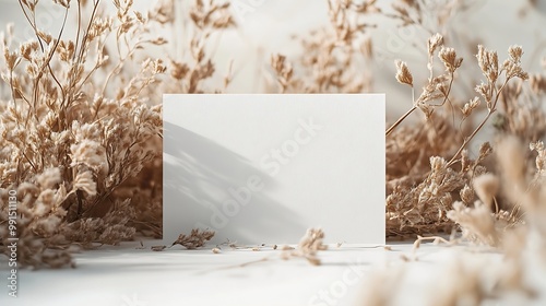 Boho business card mockup template empty stationery card with dry plants flower and boho decor on a white background and design element for wedding invitation rsvp thank you card greet : Generative AI photo