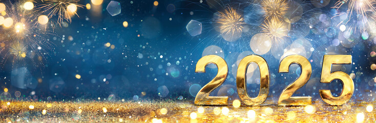 2025 New Year Celebration - Golden Number And Fireworks At Blue Eve Night In Abstract Defocused Lights