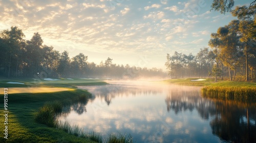 Serene golf course at dawn with mist over the water and lush greenery.