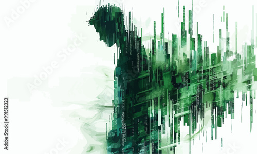 silhouette of an emerald man made from text arranged in vertical lines across