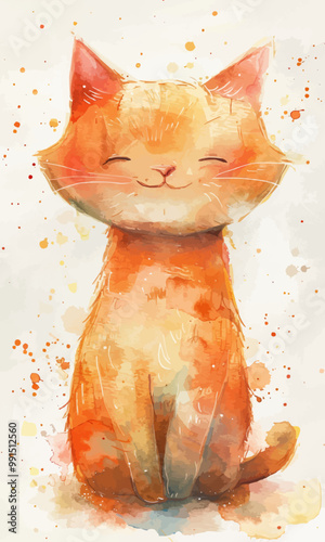 a colorful watercolor of a cartoon image of a baby cat, on a white background, sitting, cute, lovable, smiling