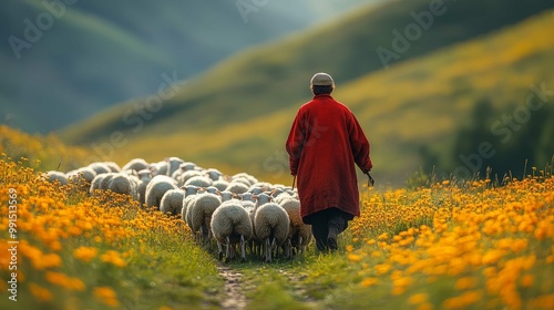 A shepherd in a red coat guides a flock of sheep through vibrant yellow flowers on a picturesque hillside.