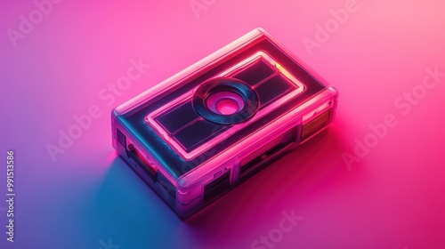 Retro cassette player with neon lights on a gradient background.