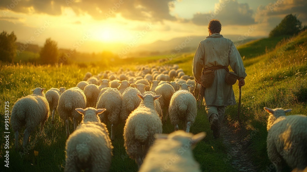 A shepherd guides a flock of sheep through a sunlit grassy landscape at dusk, embodying pastoral beauty and tranquility.