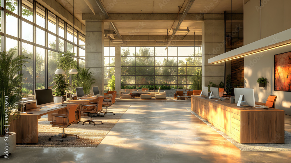 Open office layout with shared workstations and natural lighting Open office layout with shared workstations and natural lighting