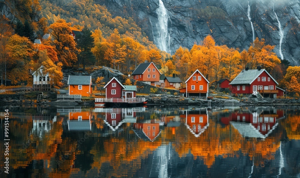 Fototapeta premium Rural houses reflected in a lake in front of a forest and waterfall in Norway
