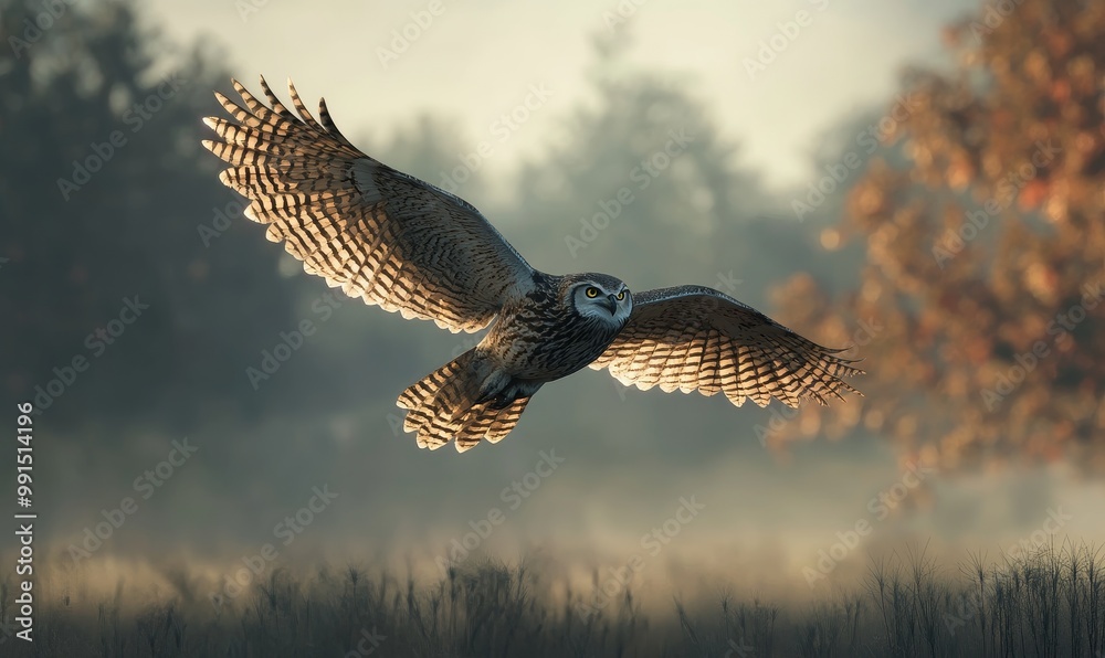 Fototapeta premium An owl in flight with a hazy background.