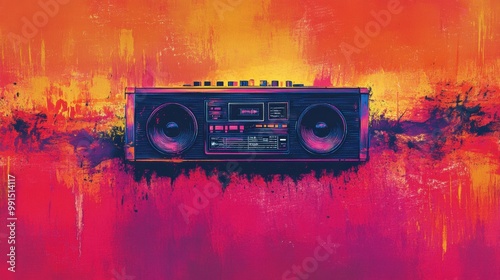 Retro boombox on vibrant colorful background, perfect for music lovers. photo