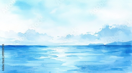 Minimalist watercolor painting of a calm ocean with gentle waves and a distant horizon in soft blue tones, creating a serene and tranquil atmosphere.