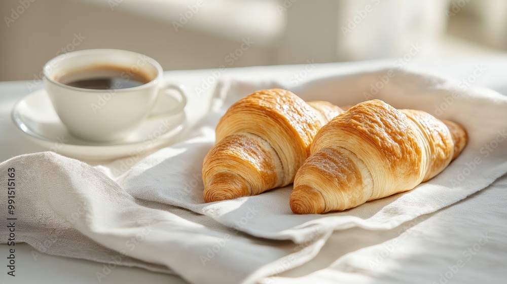 Freshly baked croissants served with a cup of coffee on a cozy table setting in morning light. Freshly baked croissants served with a cup of coffee on a cozy table setting in morning light.