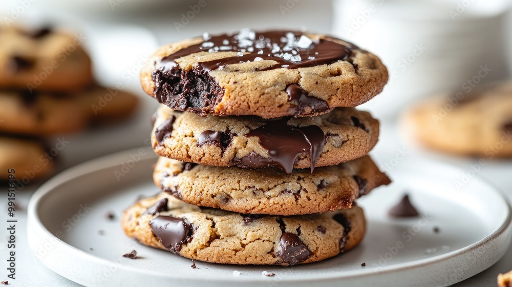 Close-up of a stack of chocolate chip cookies with melted chocolate, sprinkled with sea salt, placed on a white plate. Close-up of a stack of chocolate chip cookies with melted chocolate, sprinkled with sea salt, placed on a white plate.
