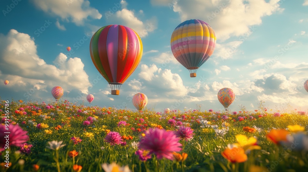 Fototapeta premium Colorful hot air balloons in a vibrant flower field under a sunny sky.